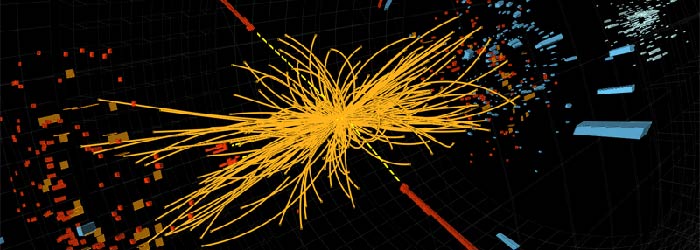 A proton-proton collision event in the CMS experiment producing two high-energy photons (red towers). This is what we would expect to see from the decay of a Higgs boson but it is also consistent with background Standard Model physics processes. © CERN 2012